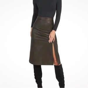 Spanx - Black Faux Leather A-Line Midi Skirt with Front Slit Pull On - Size M